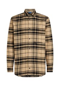 Camisa de cuadros beige con acentos negros, con un diseño de botones, mangas largas y "KARL LAGERFELD JEANS" bordado en la parte delantera.