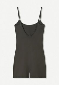Black sleeveless bodysuit with a deep scoop neck, made of smooth fabric, featuring thin straps and short legs, minimalistic design.