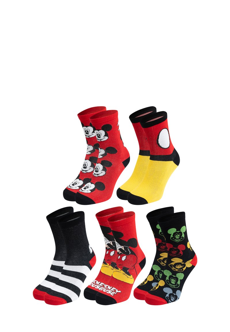 Set di cinque paia di calzini a metà lunghezza caratterizzati da colori rosso, giallo e nero, con design di Topolino e vari motivi.