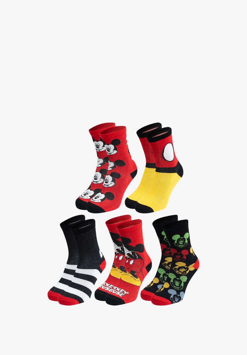 Set di cinque paia di calzini a metà lunghezza caratterizzati da colori rosso, giallo e nero, con design di Topolino e vari motivi.