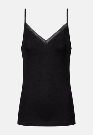 Schwarzes Camisole-Top aus weichem Stoff. Verfügt über einen V-Ausschnitt mit zarter Spitzenborte und dünne, verstellbare Träger. Einfaches, figurbetontes Design.