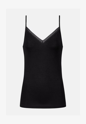 Schwarzes Camisole-Top aus weichem Stoff. Verfügt über einen V-Ausschnitt mit zarter Spitzenborte und dünne, verstellbare Träger. Einfaches, figurbetontes Design.