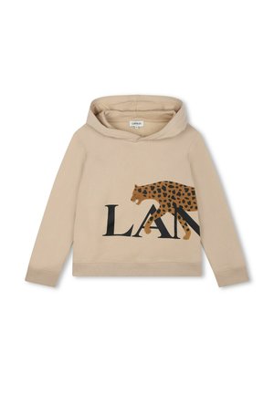 Felpa beige con cappuccio, caratterizzata da un logo nero "LAN" e una grafica leopardata in marrone con macchie nere. Tessuto morbido e orlo a costine.