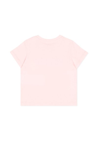 Maglietta rosa chiaro unita a maniche corte per bambino piccolo, con scollo rotondo, vista da dietro su sfondo bianco.