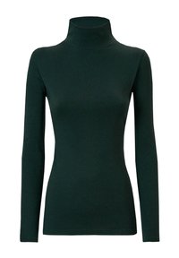 Maglia verde a collo alto realizzata in tessuto morbido, con maniche lunghe e una vestibilità aderente, caratterizzata da una superficie liscia e priva di motivi o accessori visibili.