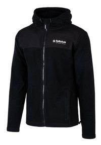 Schwarze Fleecejacke mit Kapuze, Reißverschluss vorne, zwei Seiten Taschen und einem Logo im oberen linken Brustbereich.