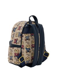 Rucsac cu imprimeu care prezintă personaje cu ochelari, fabricat dintr-un material durabil, cu accente bleumarin și bretele ajustabile.