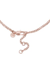 Armband aus roségoldfarbenem Metall mit einem Karabinerverschluss und einer verstellbaren Verlängerungskette mit runden Gliedern. Auffälliges Markenschild vorhanden.
