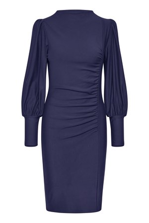 Rochie bleumarin cu mâneci lungi puff și decolteu rotund. Prezintă plissare pe laterale pentru un croi strâns. Fabricată dintr-un material neted, elastic.