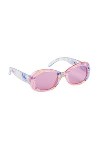 Sunglasses with cat-eye shape, translucent pink and blue frames featuring multi-color cartoon patterns, and pink tinted lenses.