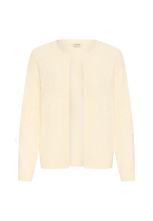 Cardigan en tricot couleur crème clair, présentant un design texturé avec de petits points en relief, un devant ouvert, des manches longues et des poignets et ourlet côtelés.