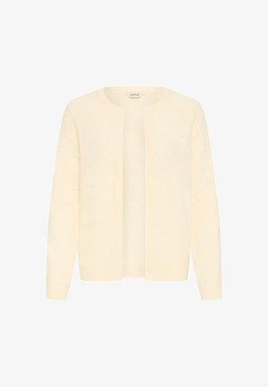 Cardigan en tricot couleur crème clair, présentant un design texturé avec de petits points en relief, un devant ouvert, des manches longues et des poignets et ourlet côtelés.