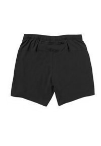 Black athletic shorts featuring an elastic waistband, a rear zip pocket, and a smooth, lightweight fabric. Back view, no visible patterns.