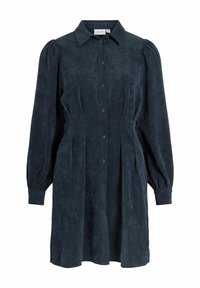 Tamnoplava haljina košulja od manšestera s ovratnikom, prednjim kopčanjem na gumbe, dugim naboranim rukavima i bočnim naborima za opušteni kroj.