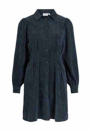 Dark blue corduroy shirt dress with a collar, button front, long puffed sleeves, and side pleats for a relaxed fit.