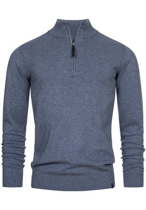 Herren langärmliger blauer Strickpullover mit gerippten Bündchen, Saum, Kragen und einem schwarzen Viertel-Reißverschluss am Hals.
