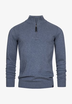 Men’s long-sleeve blue knit sweater with ribbed cuffs, hem, collar, and a black quarter-zip closure at the neck.