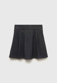 Gonna plissettata grigio scuro con ampia vita, orlo svasato e texture di tessuto morbido, presentata su uno sfondo chiaro.