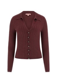 Weinroter gerippter Cardigan mit Halskragen, langen Ärmeln und schwarzen Knöpfen auf der Vorderseite. Weicher Strickstoff mit vertikaler Textur.