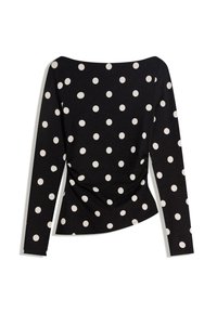 Černý top s dlouhým rukávem a bílými puntíky, s lodičkovým výstřihem a řaseným detailem v pase pro přizpůsobený střih.