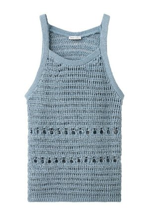 Débardeur tricoté bleu clair sans manches avec une maille ajourée et des trous décoratifs horizontaux sur le devant.