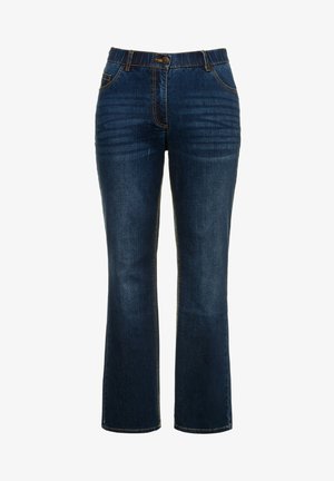 Denim jeans in dark blue with a straight leg design, featuring visible stitching accents, a button closure, and side pockets.