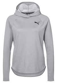 Sweat à capuche gris en tissu doux, avec des manches longues, une poche kangourou et un logo noir sur la poitrine.