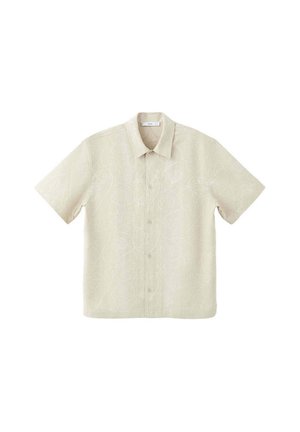 Chemise beige à manches courtes avec une broderie florale subtile, fermeture par boutons sur le devant et col classique, présentée sur fond blanc.