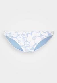 Parte de baixo de bikini em branco com padrão floral azul. Apresenta painéis laterais em azul claro contrastantes, tecido suave e corte baixo.