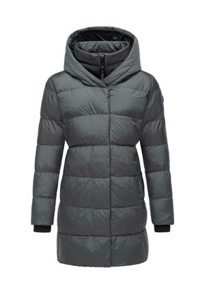 Grey puffer jacket featuring a hood, vertical baffle design, and elastic cuffs. Made from lightweight, water-resistant material.