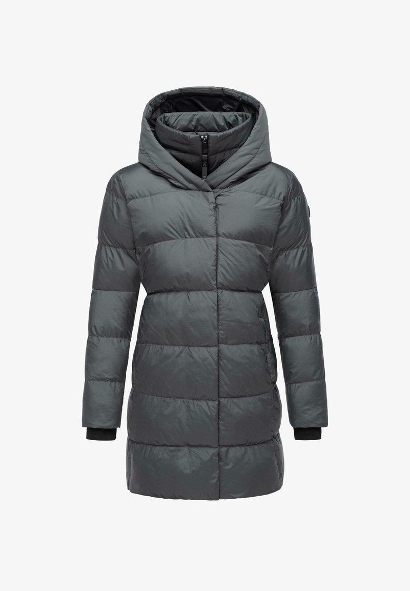 Hallhallane puffer-jakk, millel on kapuuts, vertikaalne tuulutusdisain ja elastsed mansetid. Valmistatud kerge vee- ja tuulekindla materjali pealt.