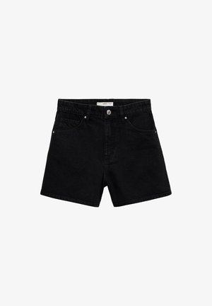 Black denim shorts with a high waist, featuring a button closure, front pockets, and a sleek, smooth texture.
