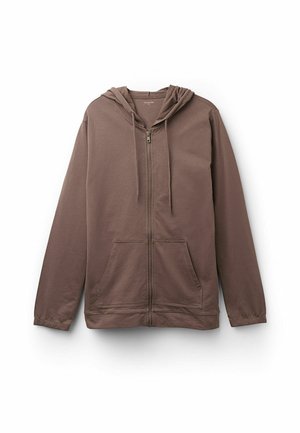 Braune Zip-Hoodie mit Kapuze, frontalen Taschen und Kordelzügen. Hergestellt aus weichem Stoff mit glatter Textur und lässiger Passform.