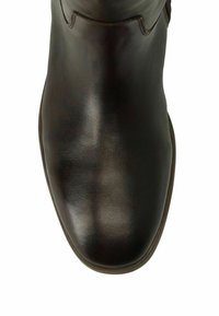 Zwarte leren enkelboot met een gladde, glanzende afwerking, ronde neus en minimalistisch ontwerp. Kenmerkt zich door een subtiele naaddetail langs de bovenkant.