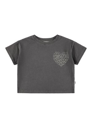 Γκρίζο βαμβακερό t-shirt με στρογγυλή λαιμόκοψη και κοντά μανίκια. Διαθέτει σχέδιο σε σχήμα καρδιάς φτιαγμένο από χαμογελαστά πρόσωπα στην αριστερή περιοχή του στήθους.