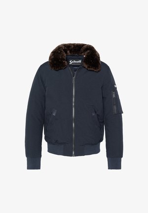 Marine bomberjack met een bruine leren kraag, voormet rits, zijzakken en een extra ritszak op de linker mouw.