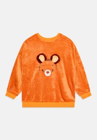 Sweatshirt en peluche orange à manches longues, présentant un design de visage d'ours. Cuffs et col côtelés contrastés. Texture douce avec des détails brodés.