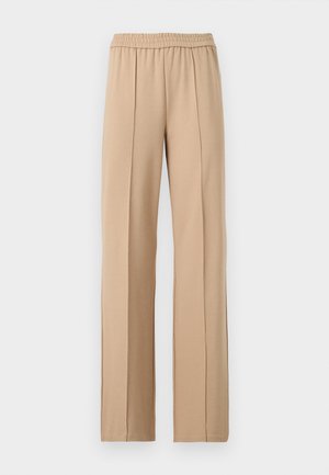 Pantalon beige à jambes droites avec taille élastique et coutures verticales sur le devant, présenté sur un fond blanc.