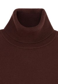 Brązowy sweter typu golf z dzianiny, z prążkowanym kołnierzem i gładką teksturą; prosty i jednolity kolorowy wzór.