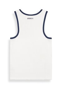 Weißes Tanktop mit marineblauem Saum, gerippter Textur und aufgesticktem "GRKEY"-Logo auf dem oberen Rücken. Keine weiteren Details oder Muster.