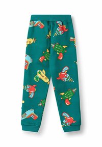 Pantalones de pijama color teal cubiertos de diseños coloridos y caricaturescos con temática espacial, que incluyen pistolas de rayos y cohetes, con puños elásticos.