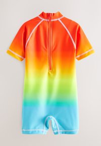 Short-sleeve wetsuit featuring a gradient from bright orange to blue, with a zip closure and flatlock seams for durability.