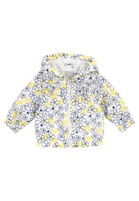Floral-patterned hooded jacket with yellow and white colors. Features elastic cuffs, a front zipper, and a ruffled accent around the neckline.