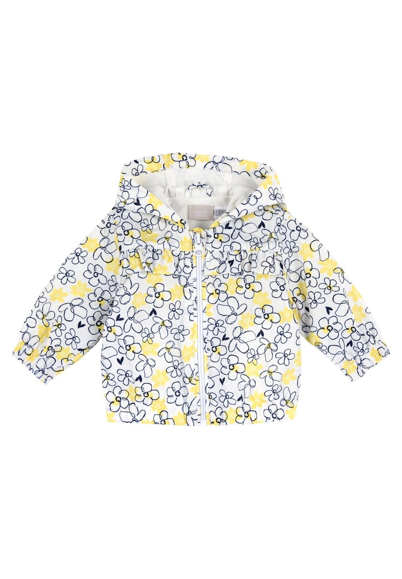 Floral-patterned hooded jacket with yellow and white colors. Features elastic cuffs, a front zipper, and a ruffled accent around the neckline.