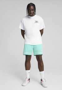 Hvid bomulds t-shirt med et sort grafisk design, parret med mintgrønne shorts med en hvid stribe. Båret med hvide sokker og multikolor sko.
