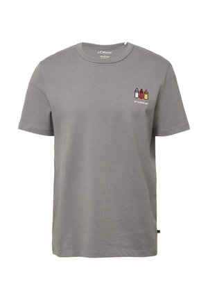 Gray cotton t-shirt with short sleeves, round neckline, featuring a small embroidered design of three condiment bottles and text "LET'S KETCH UP!"