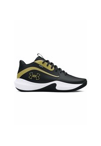 Schwarze Sportschuhe mit glänzendem Finish, ausgestattet mit einem strukturierten Design in Schwarz und Gold, weißer Sohle und schwarzen Schnürsenkeln. Under Armour-Logo sichtbar.