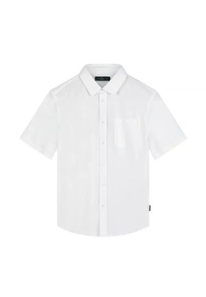 Biała koszula z krótkim rękawem na guziki, z kołnierzykiem i kieszenią na piersi, przedstawiona na jednolitym białym tle.