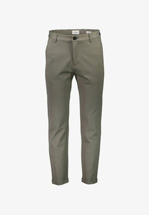 Grüne Hosen aus glattem Stoff, mit Knopfverschluss, Gürtelschlaufen und umgeschlagenen Säumen. Klassische Passform mit Seitentaschen.