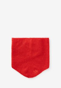 Rode gebreide halswarmer met een geribbelde textuur en een puntige onderkant. Heeft subtiele geborduurde details aan de onderrand.